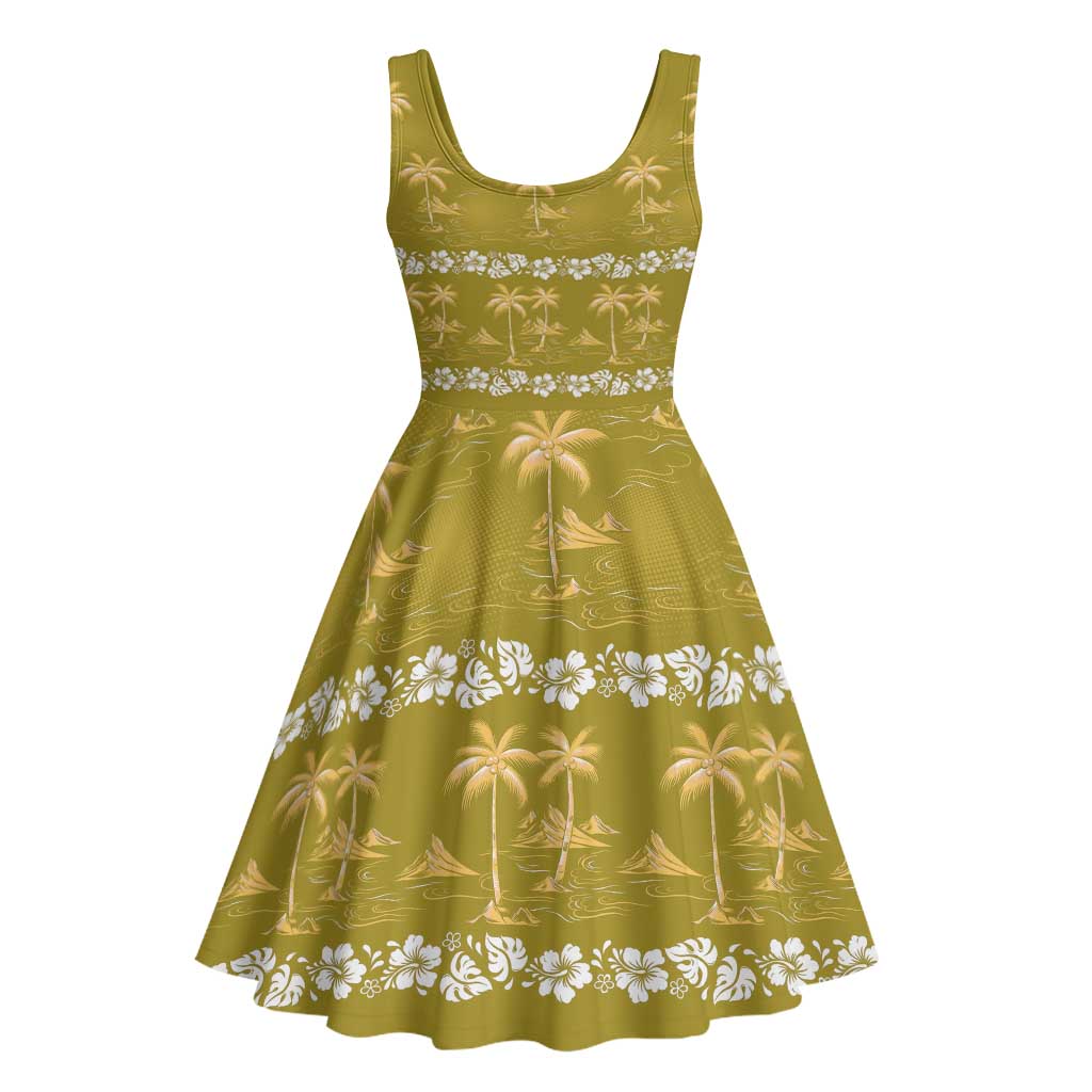 Yellow Hawaii Palm Tree Hibiscus Midi Dress Fantasy Summer Vibe LT01 - Polynesian Pride