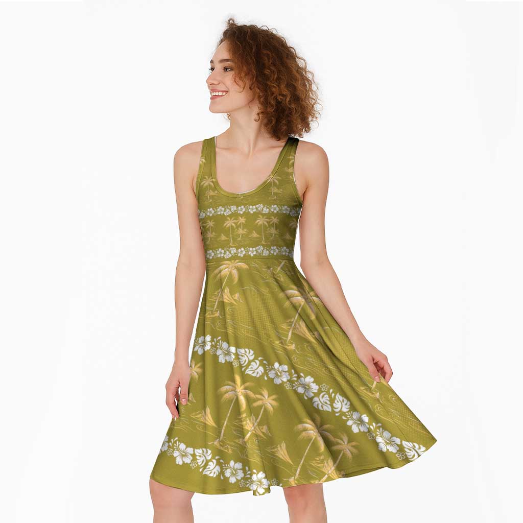 Yellow Hawaii Palm Tree Hibiscus Midi Dress Fantasy Summer Vibe LT01 - Polynesian Pride