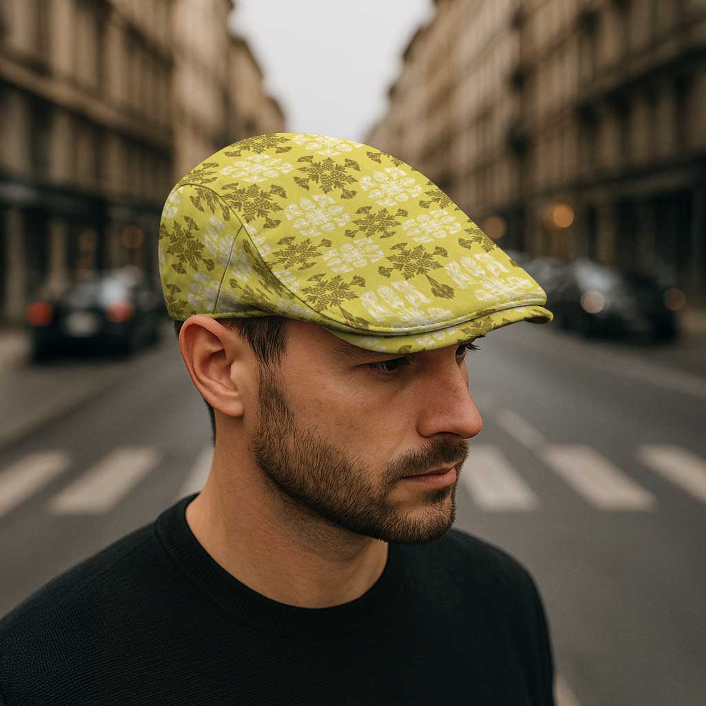 Yellow Hawaiian Quilt Jeff Hat Hawaii Pineapple Monstera Palaka Motifs - Polynesian Pride