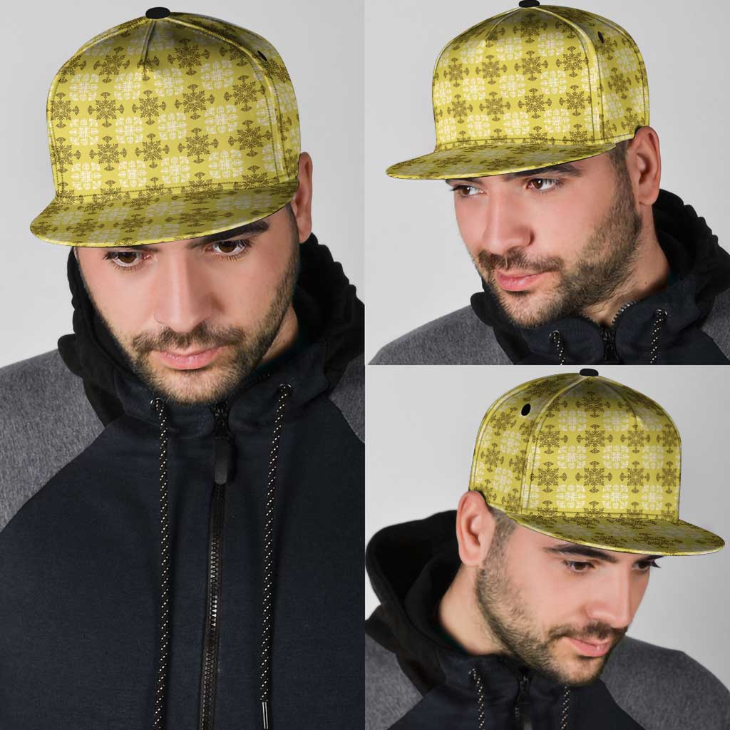 Yellow Hawaiian Quilt Snapback Cap Hawaii Pineapple Monstera Palaka Motifs - Polynesian Pride