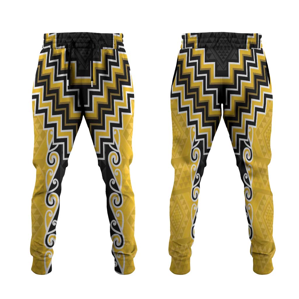 Yellow Niho Taniwha Mix Poutama Jogger Pants Unique Taniko Aotearoa - Polynesian Pride