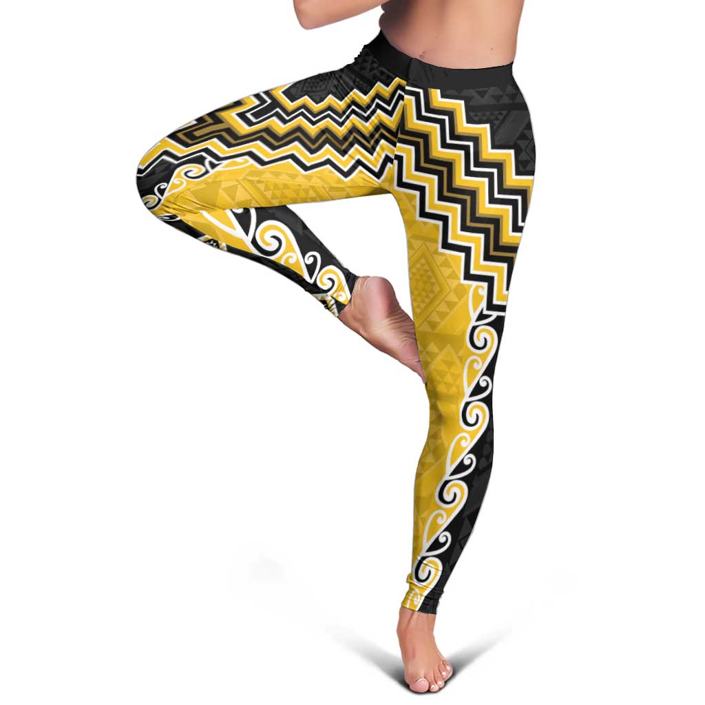 Yellow Niho Taniwha Mix Poutama Leggings Unique Taniko Aotearoa - Polynesian Pride