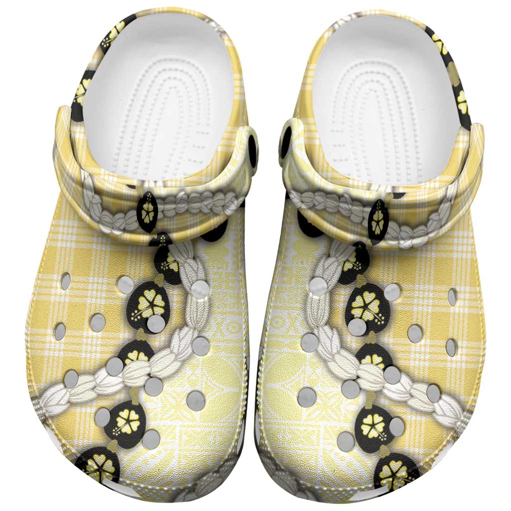 Yellow Palaka Hawaii Clogs Shoes Kukui Nut Pikake Lei Hawaiian Tapa Pattern - Polynesian Pride