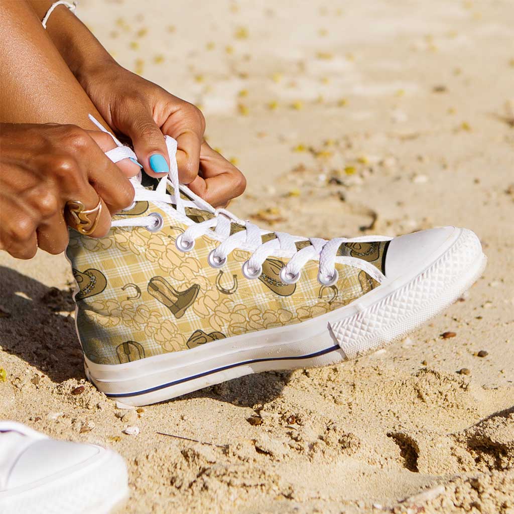 Yellow Palaka Hawaii Cowboy High Top Shoes Puakenikeni Lei Paniolo Papale Seamless Vibes - Polynesian Pride