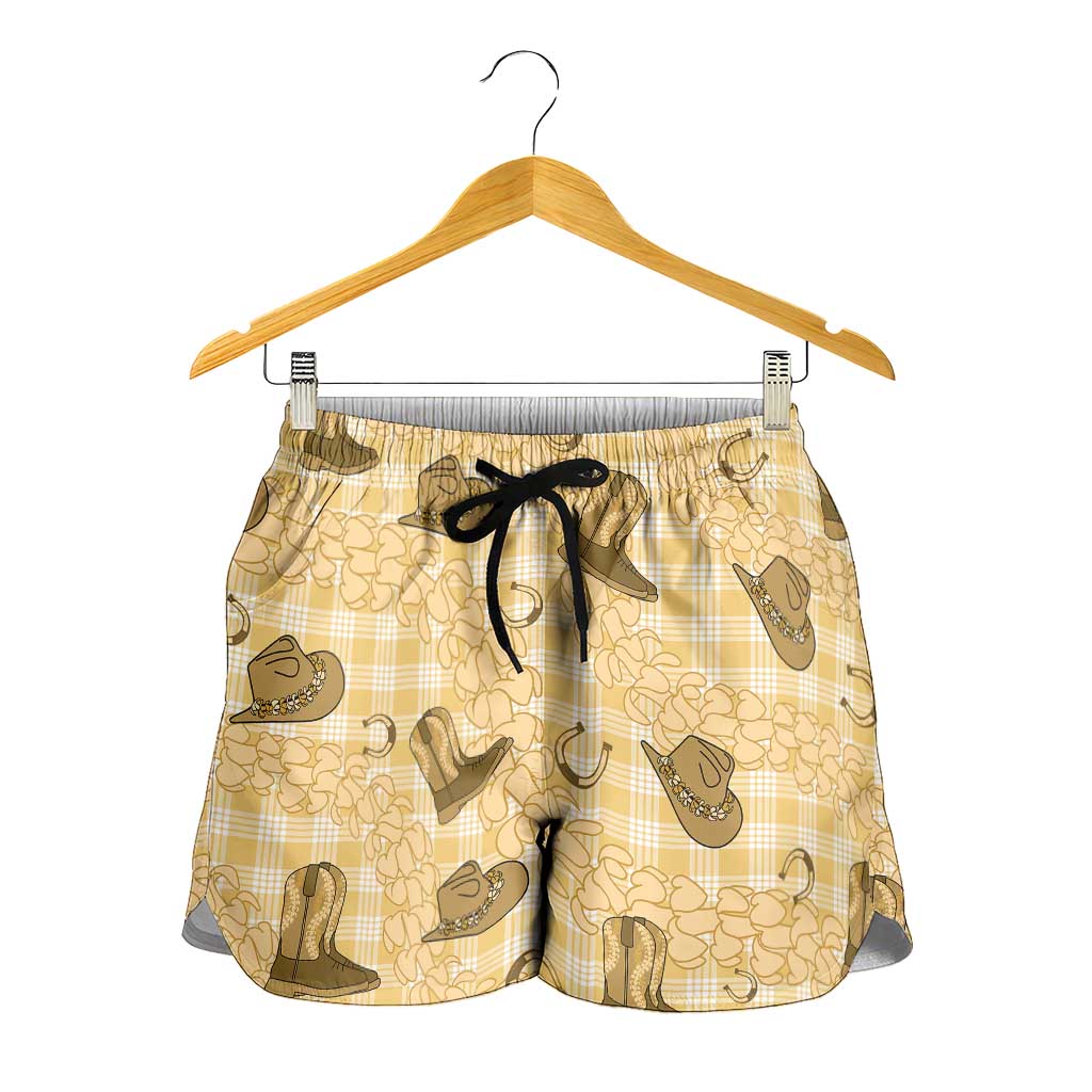 Yellow Palaka Hawaii Cowboy Shorts for Women Puakenikeni Lei Paniolo Papale Seamless Vibes LT14 - Polynesian Pride
