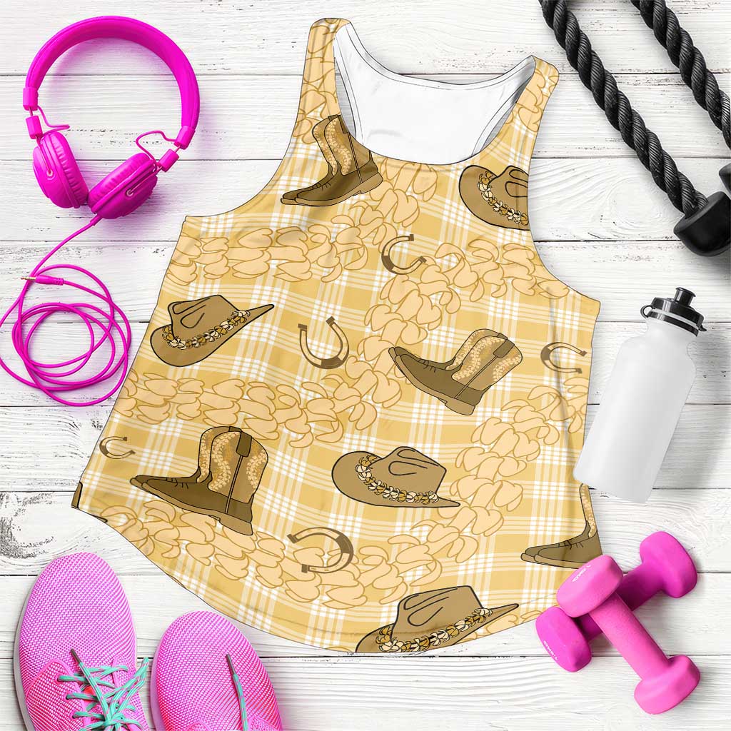 Yellow Palaka Hawaii Cowboy Women Racerback Tank Puakenikeni Lei Paniolo Papale Seamless Vibes LT14 Yellow - Polynesian Pride