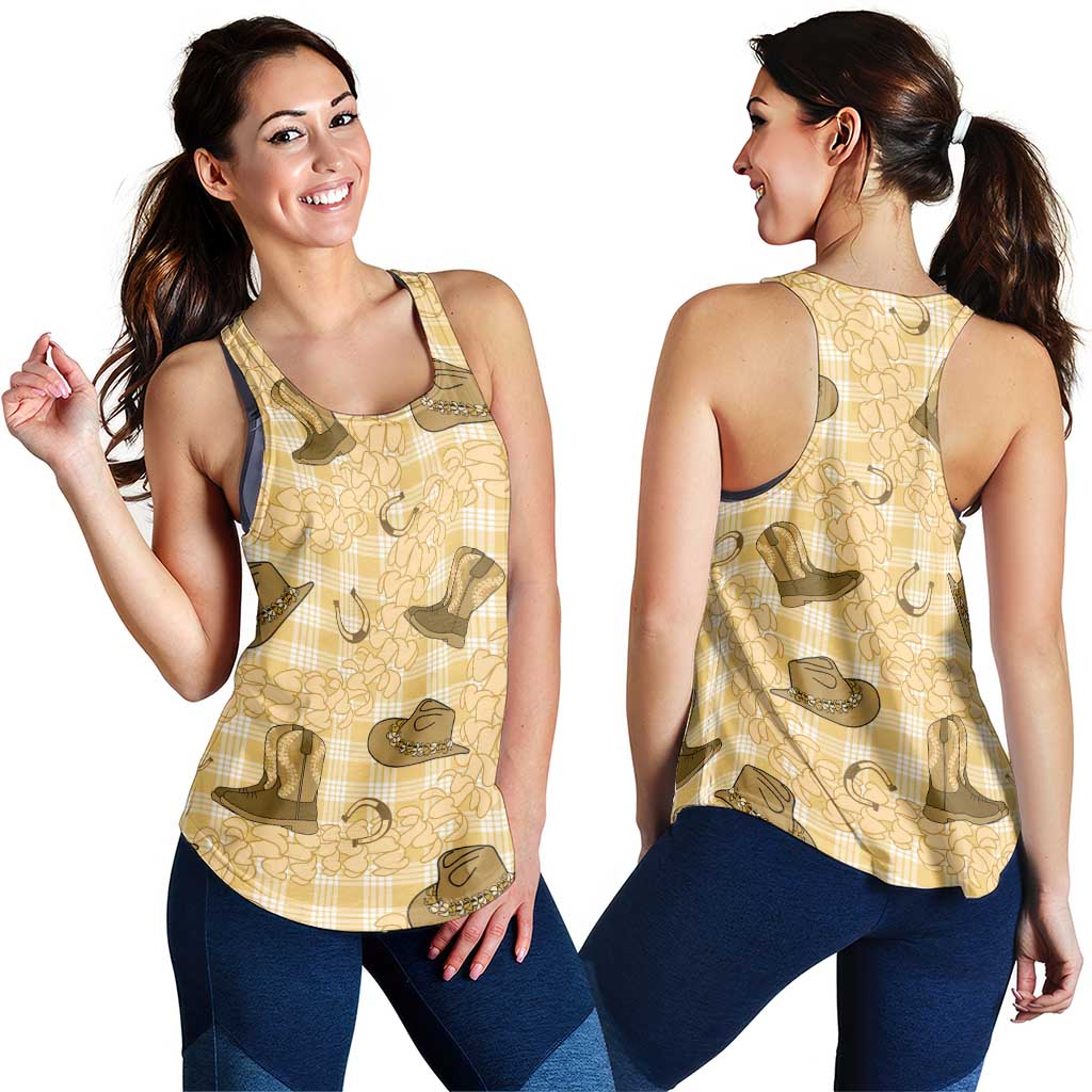 Yellow Palaka Hawaii Cowboy Women Racerback Tank Puakenikeni Lei Paniolo Papale Seamless Vibes LT14 - Polynesian Pride