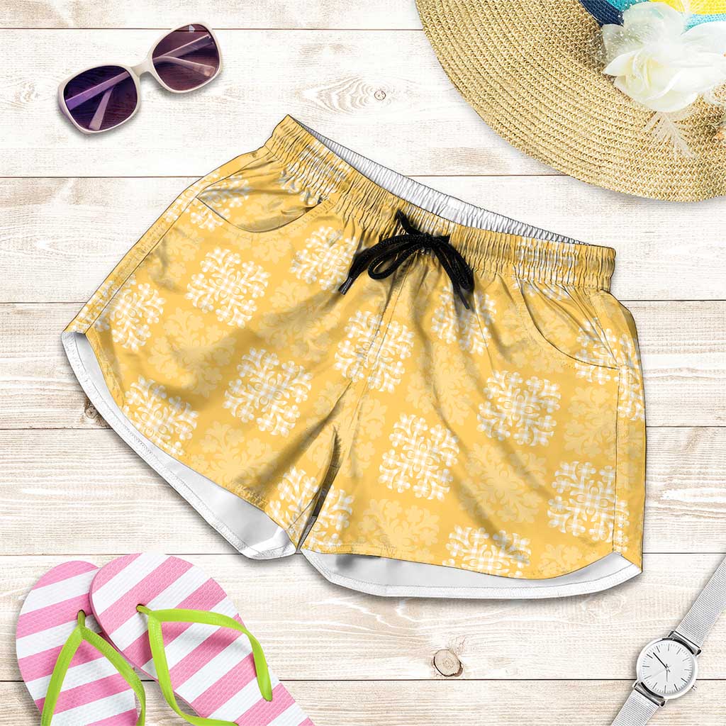 Yellow Palaka Quilt Hawaii Shorts for Women Traditional Hawaii-plaid Pattern - Polynesian Pride