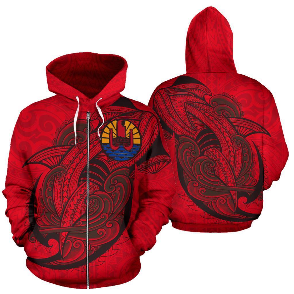 Tahiti Zip up Hoodie Tahiti Flag Polynesian Shark Pattern TH0 Unisex Red - Polynesian Pride