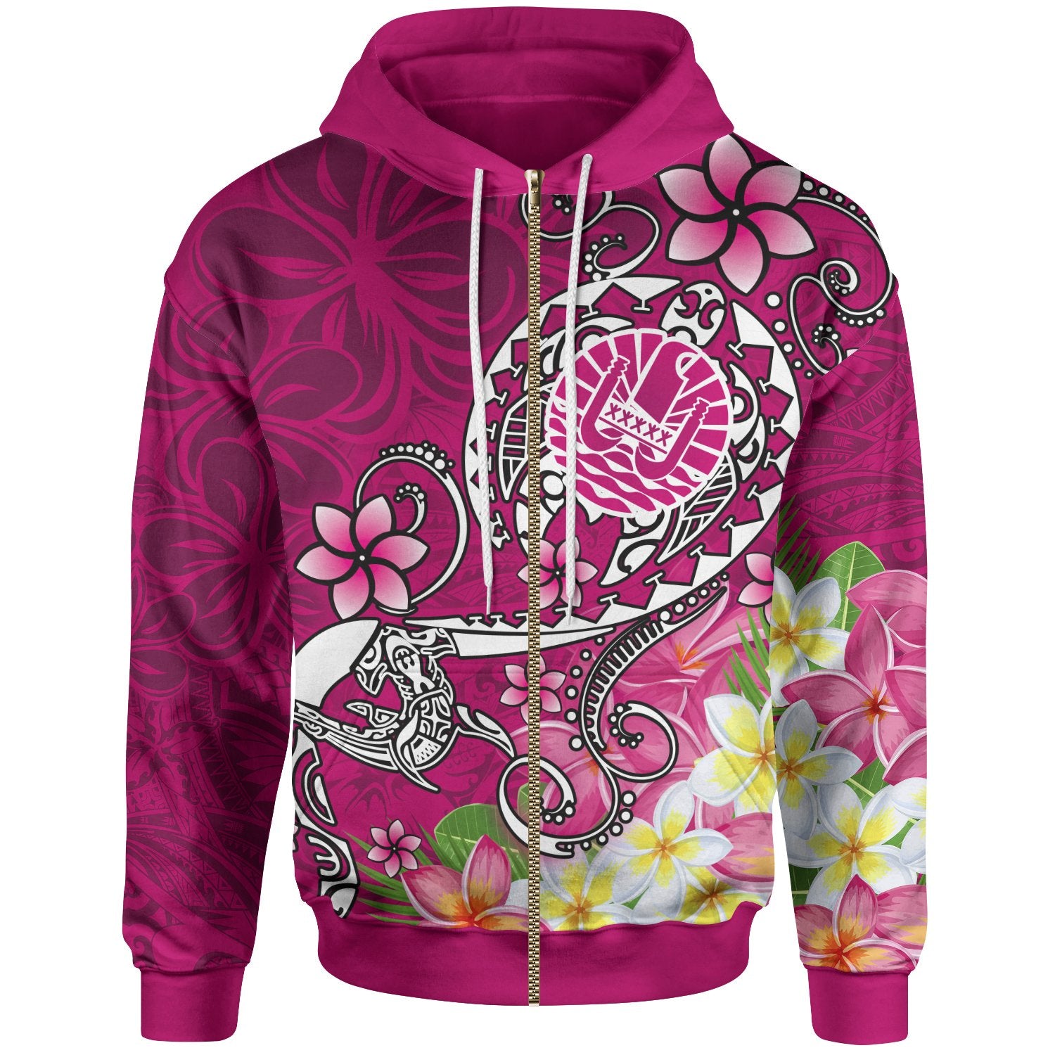 Tahiti Zip up Hoodie Turtle Plumeria (Pink) Unisex Pink - Polynesian Pride