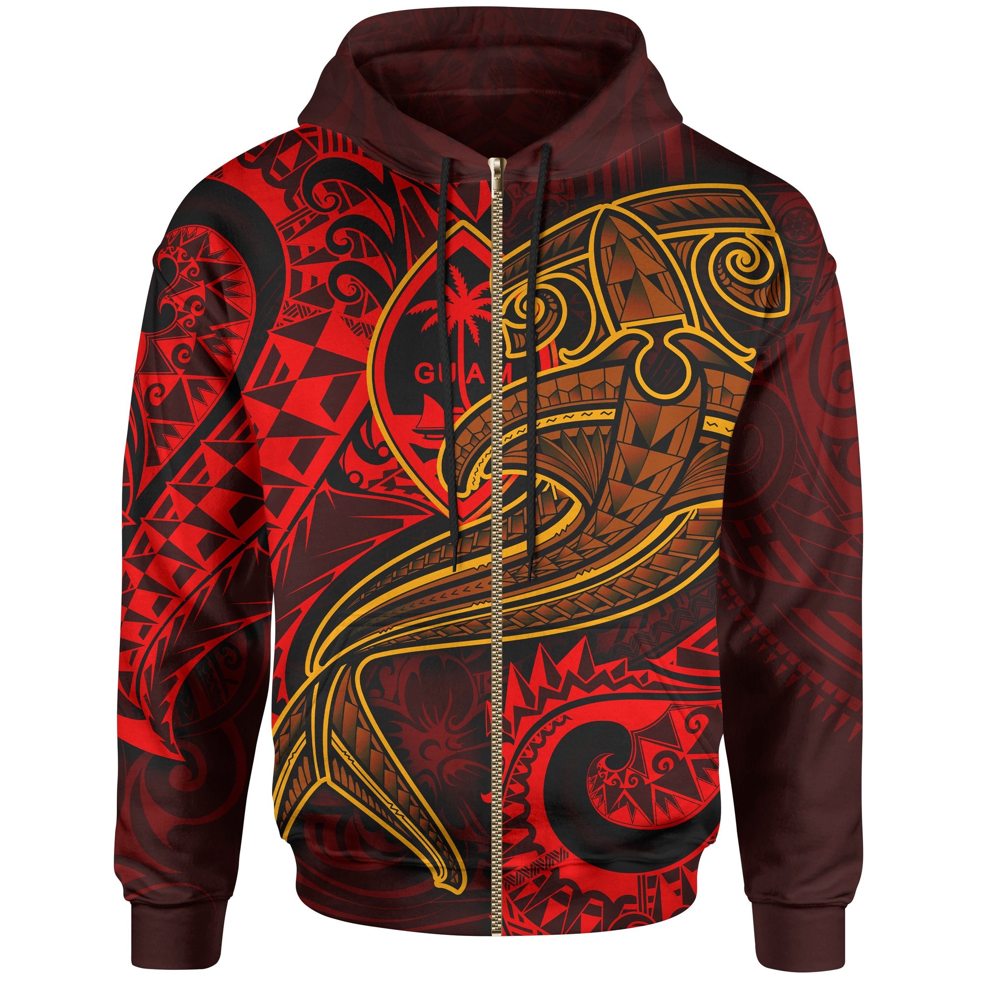 Guam Polynesian Zip up Hoodie Red Shark Polynesian Tattoo Unisex Red - Polynesian Pride