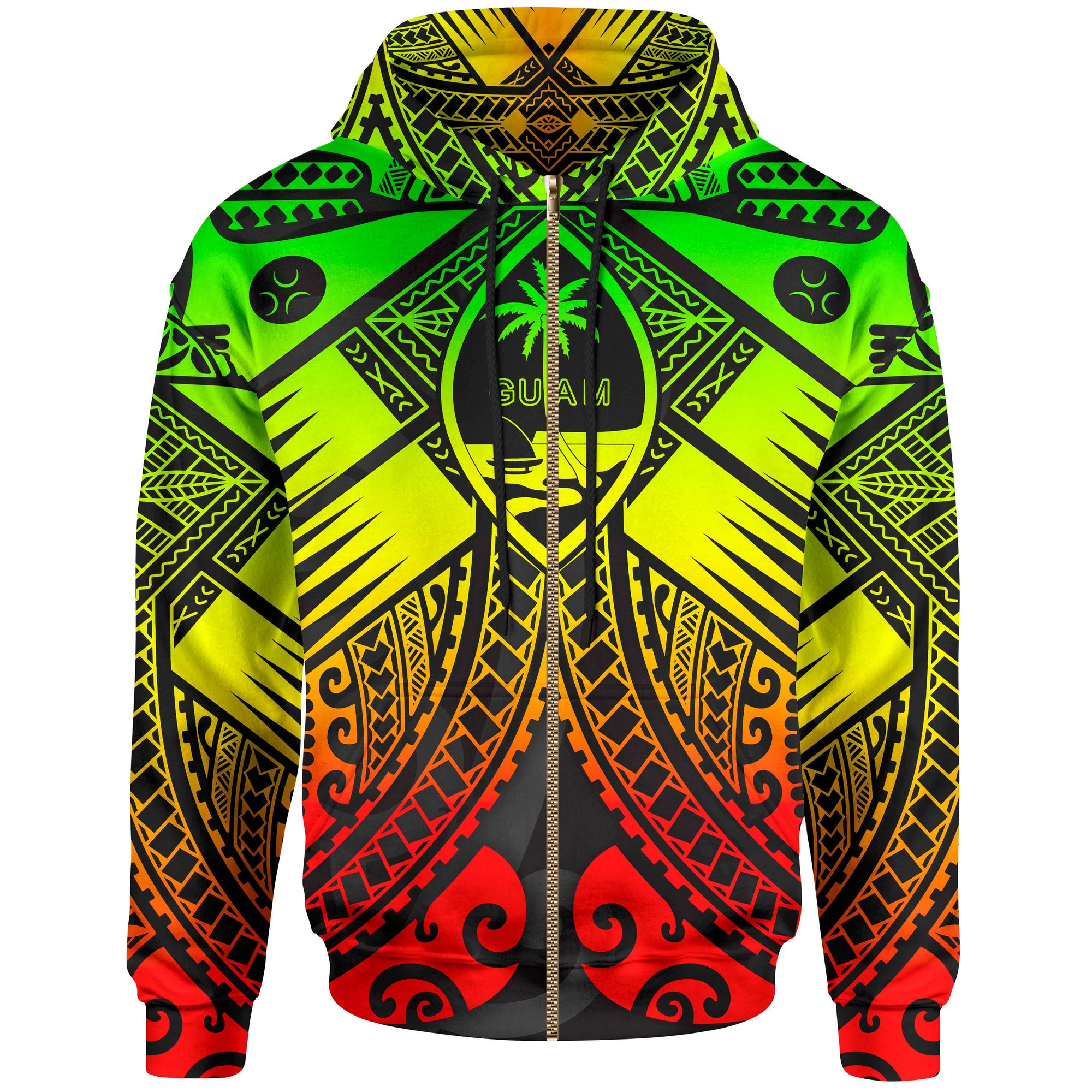 Guam Polynesian Zip up Hoodie Guam Reggae Seal with Polynesian Tattoo Unisex Reggae - Polynesian Pride
