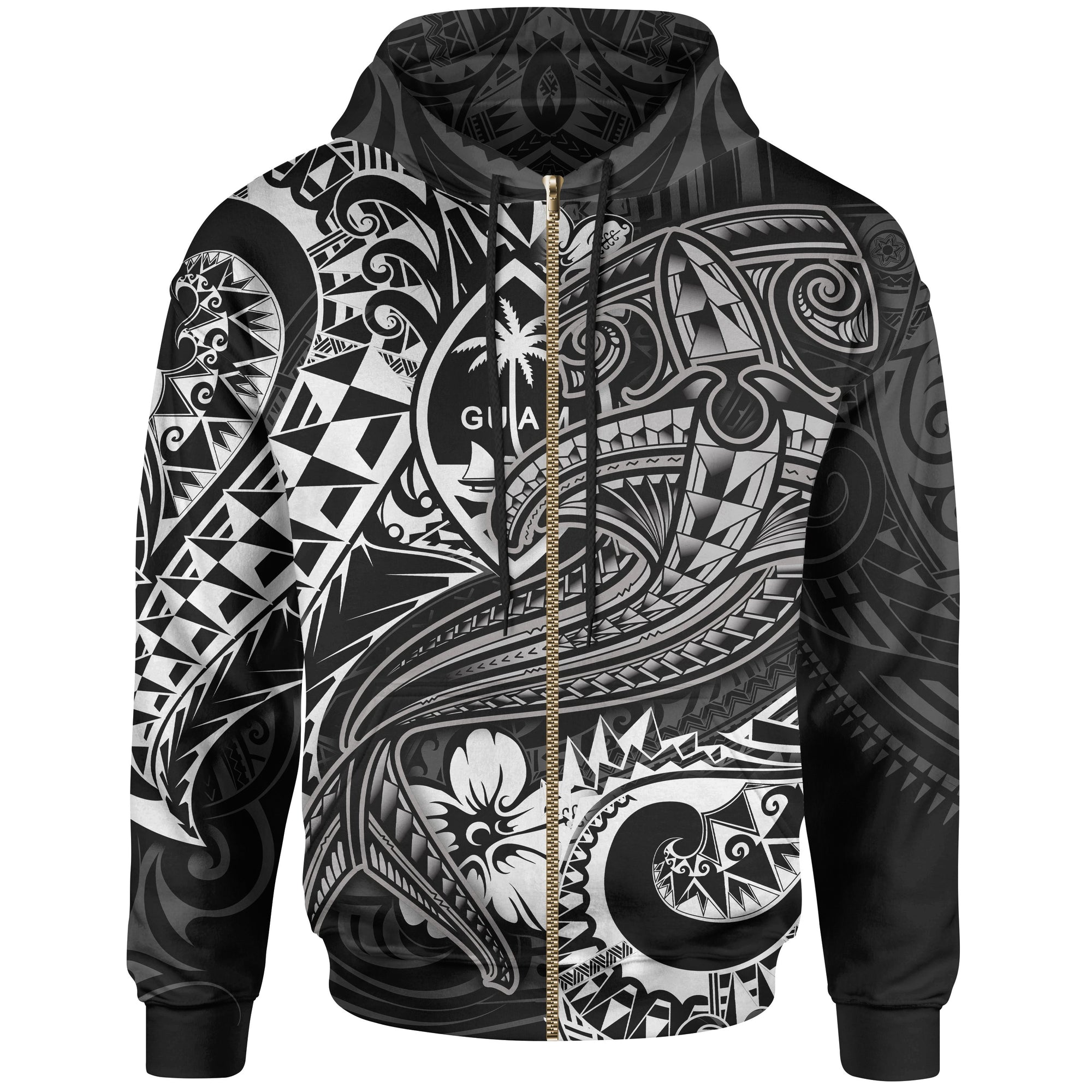Guam Polynesian Zip up Hoodie White Shark Polynesian Tattoo Unisex White - Polynesian Pride