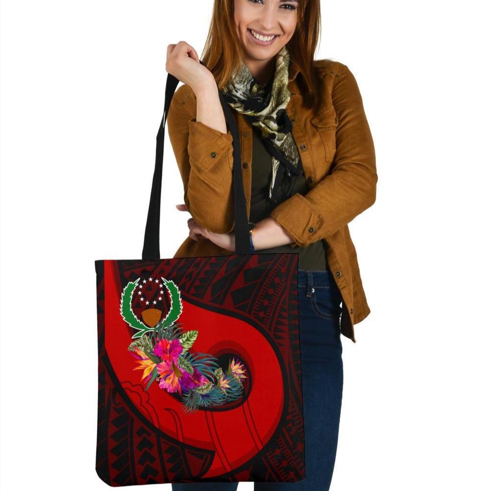 Pohnpei Tote Bags - Polynesian Hook And Hibiscus (Red) Tote Bag One Size Art - Polynesian Pride