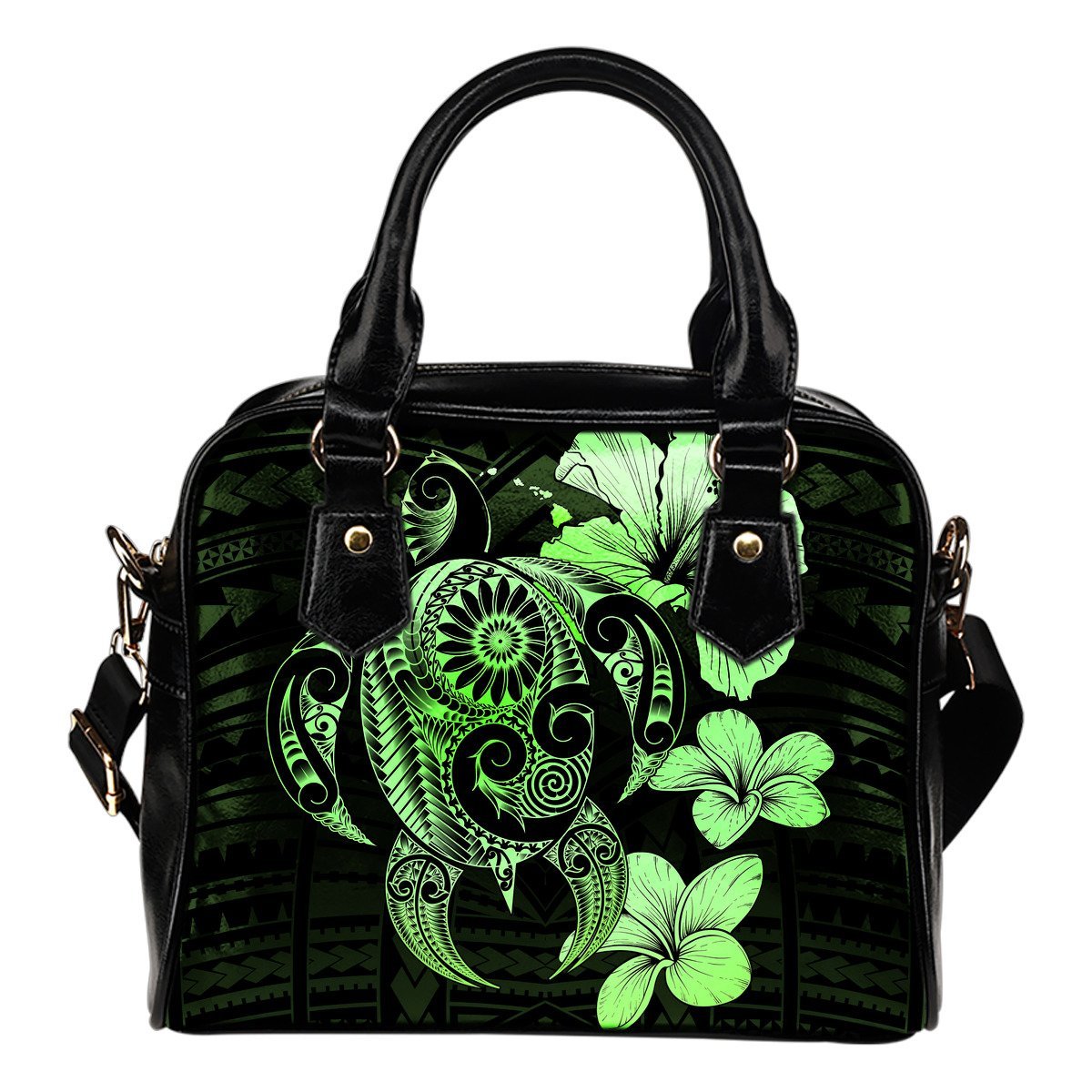 Hibiscus Plumeria Mix Polynesian Green Turtle Shoulder Handbag One Size Green - Polynesian Pride