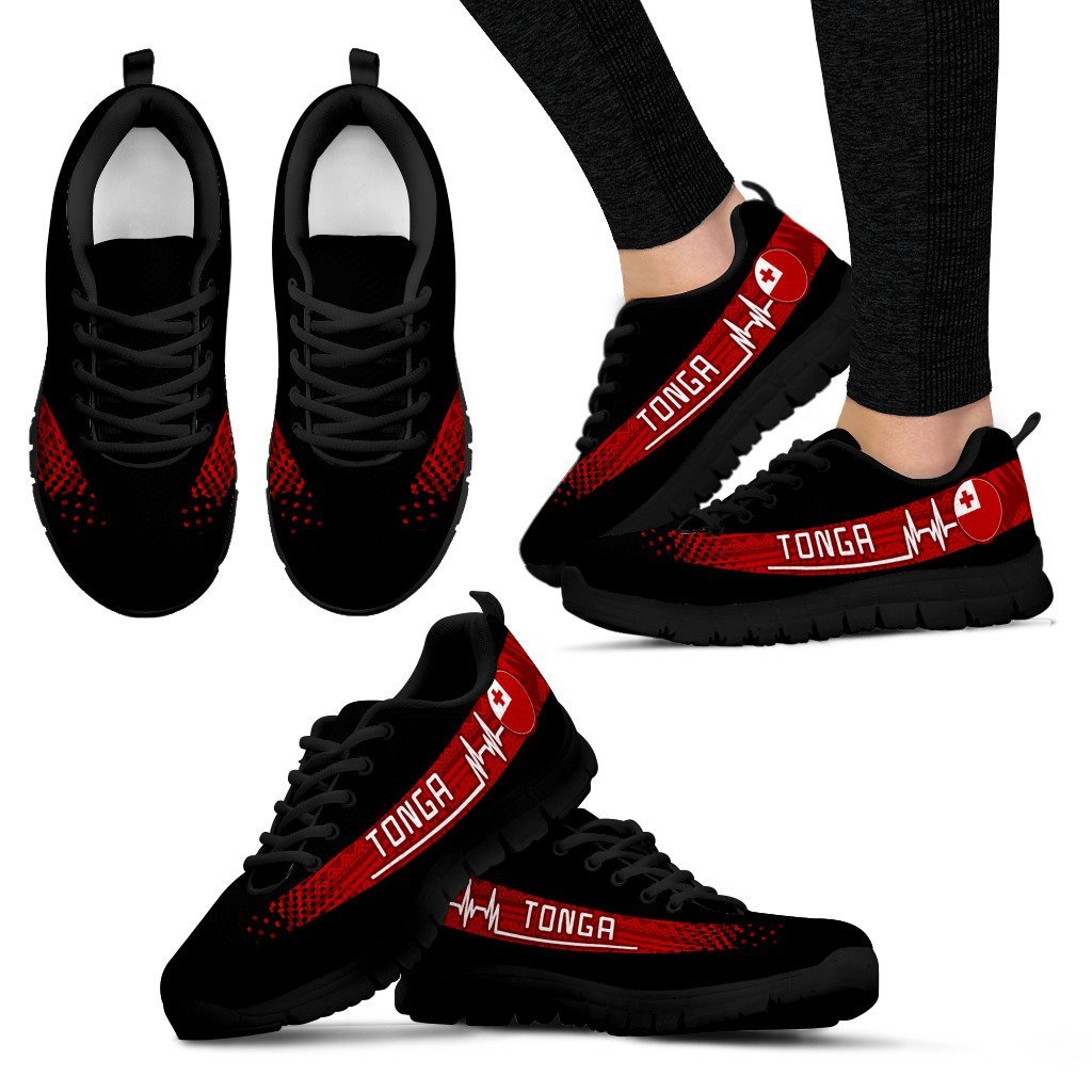 Tongan Heartbeat Sneakers - Polynesian Pattern Women's Sneakers - Black - Tongan Black - Polynesian Pride