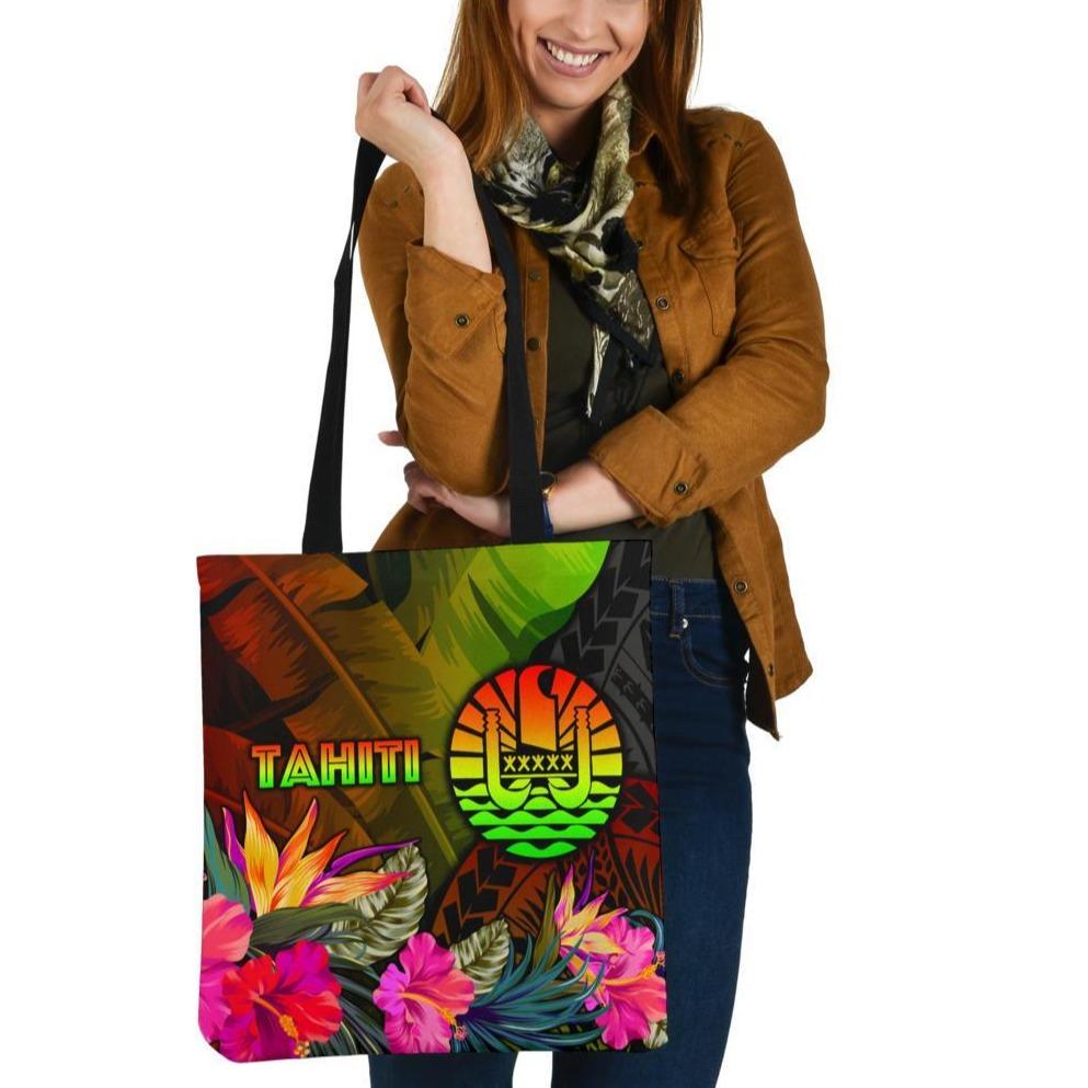 Tahiti Polynesian Tote Bags - Hibiscus and Banana Leaves Tote Bag One Size Reggae - Polynesian Pride