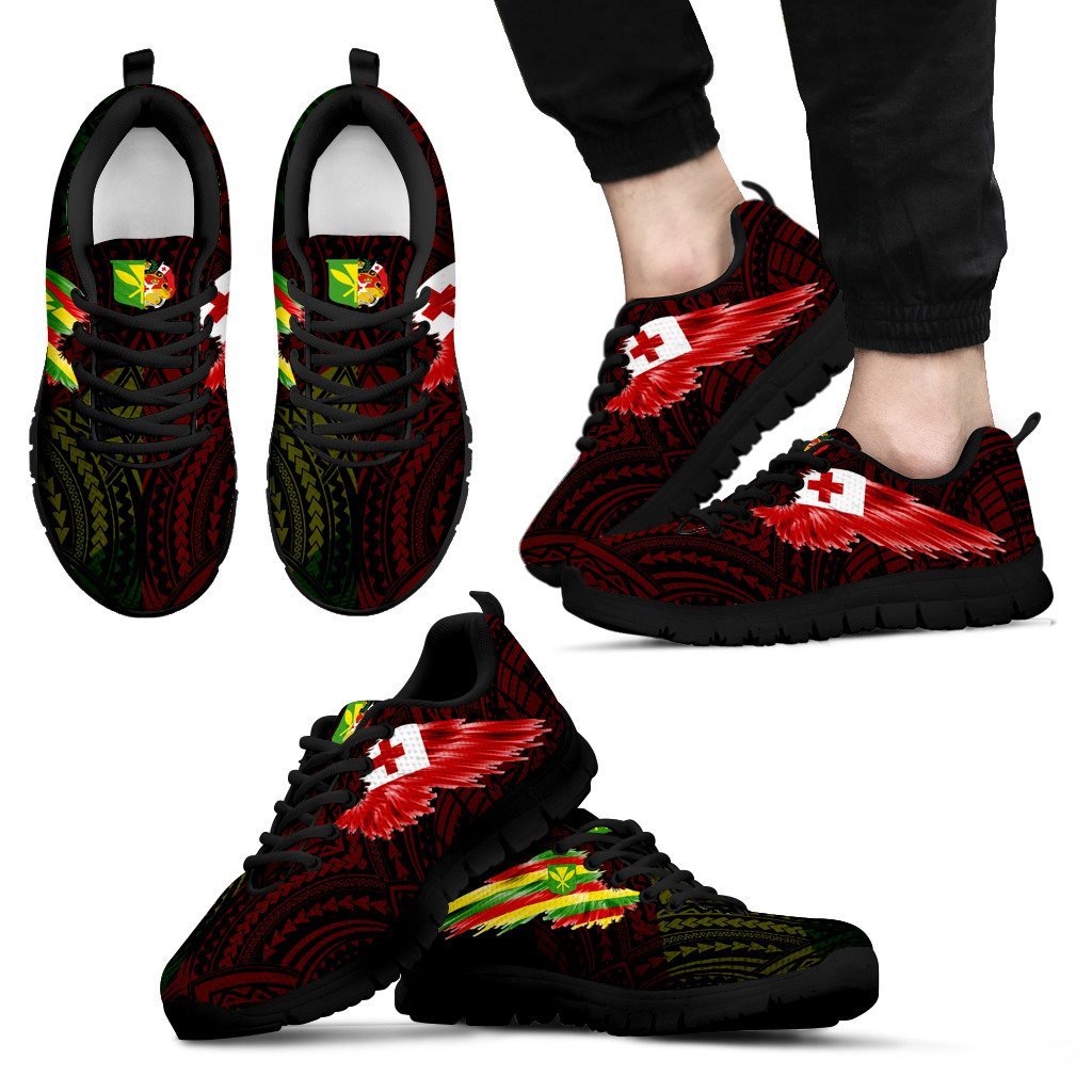 Polynesian Sneakers - Kanaka Maoli Flag Tonga Coat Of Arms & Flag Wing - A8 Unisex White - Polynesian Pride