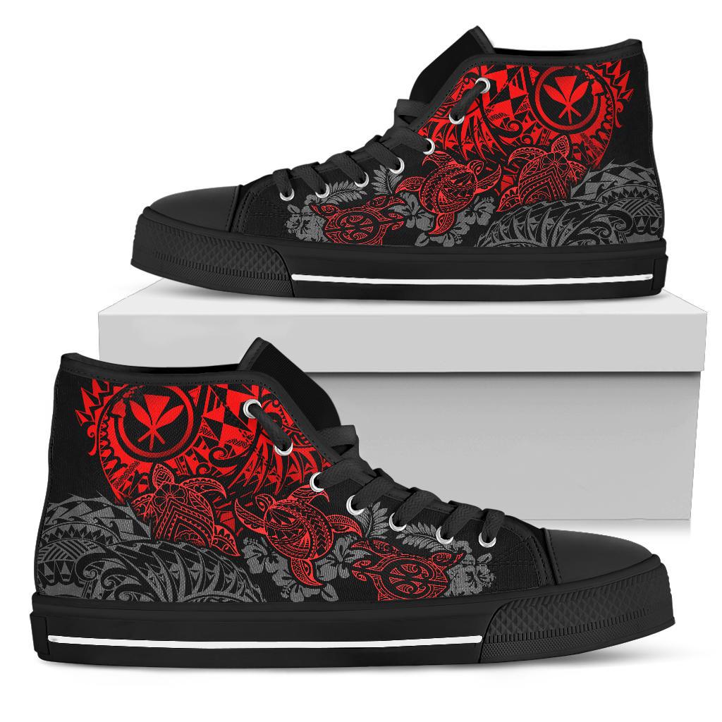 Polynesian Hawaii (Kanaka Maoli) High Top Shoes - Red Hibiscus Turtle Flowing Unisex Black - Polynesian Pride