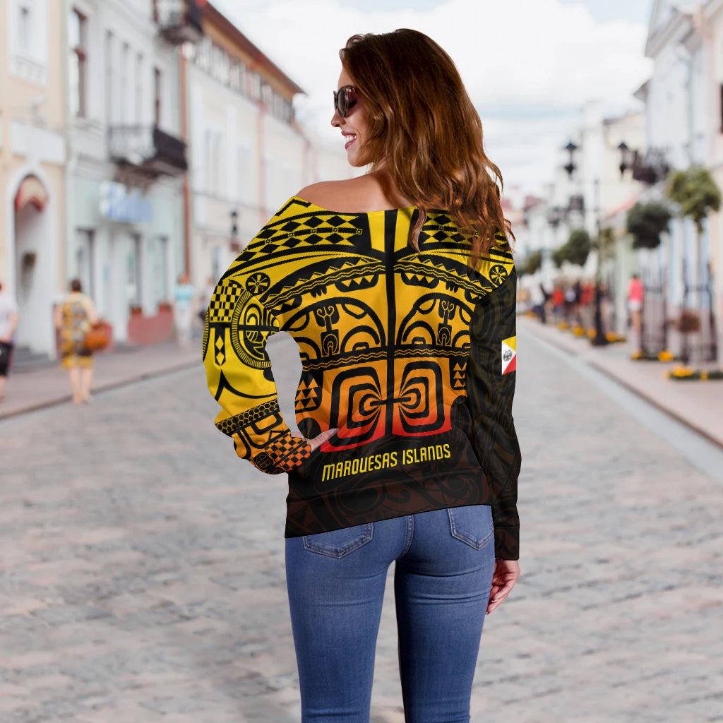 (Custom Personalised) Marquesas Islands Tiki Off Shoulder Sweater Gradient Marquesan Tattoo LT13 - Polynesian Pride