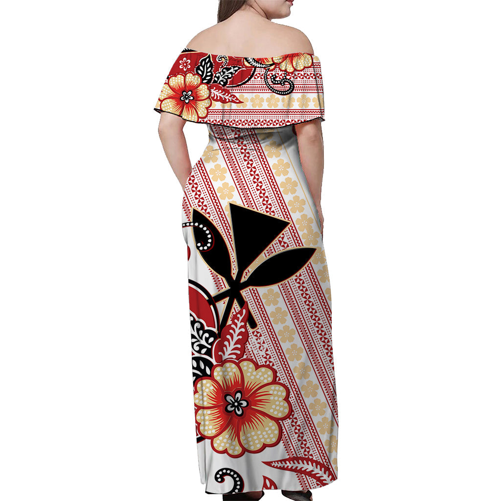 Hawaii Off Shoulder Long Dress Kakau Tribal Red Batik Floral Ver.02 LT13 - Polynesian Pride