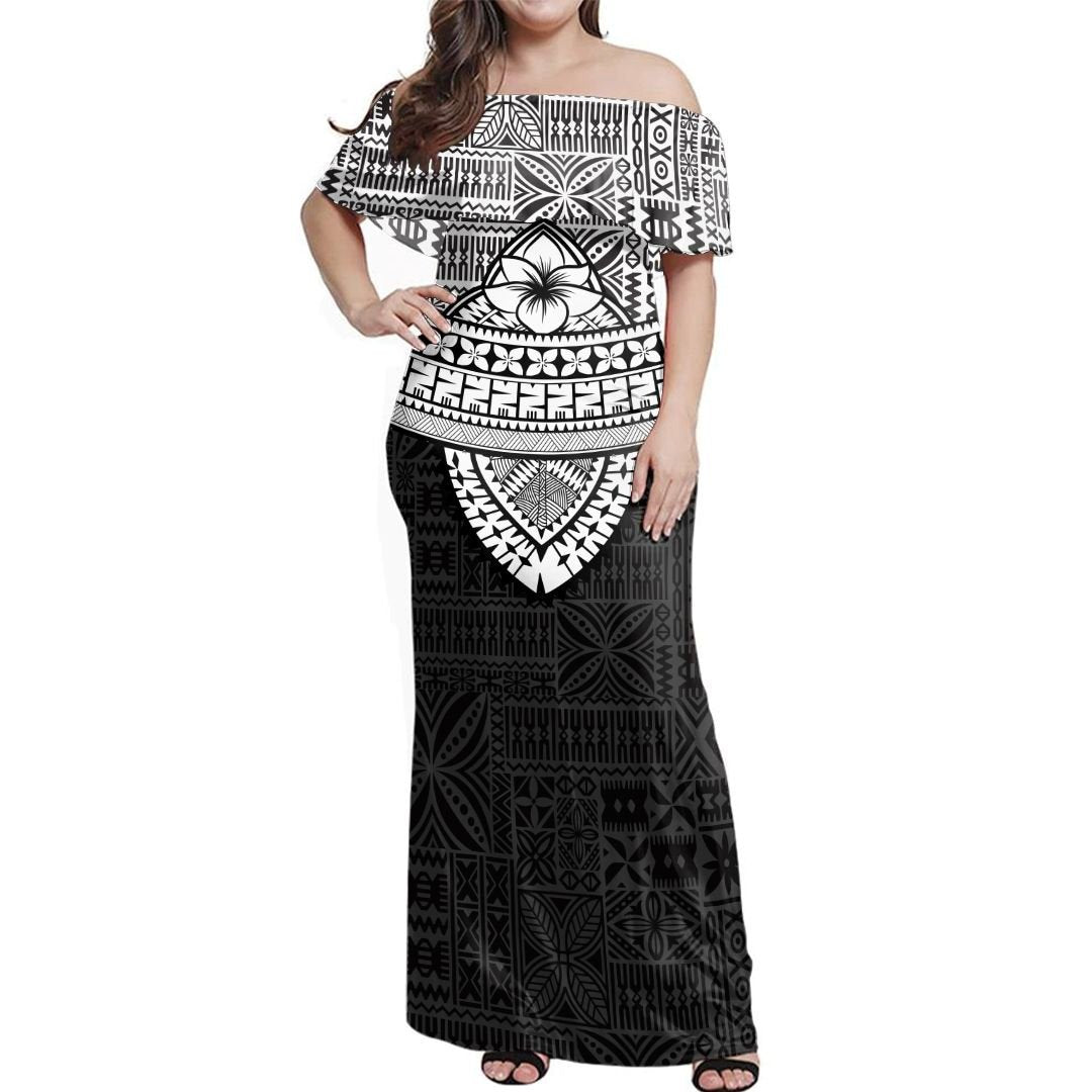 NE Fiji Bula Dress - Tribal Black Off Shoulder Long Dress Long Dress Black - Polynesian Pride