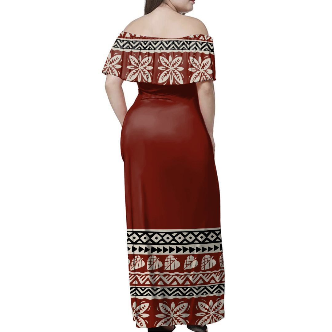 NE Fiji Bula Dress - Ancient Tropical Pattern Off Shoulder Long Dress - Polynesian Pride