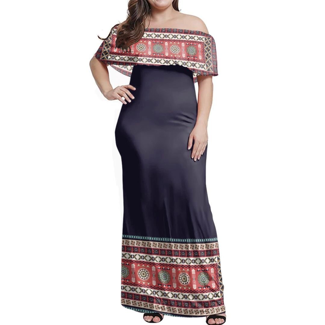 NE Fiji Bula Dress - Fiji Tapa Tribal Blue Off Shoulder Long Dress Long Dress Blue - Polynesian Pride