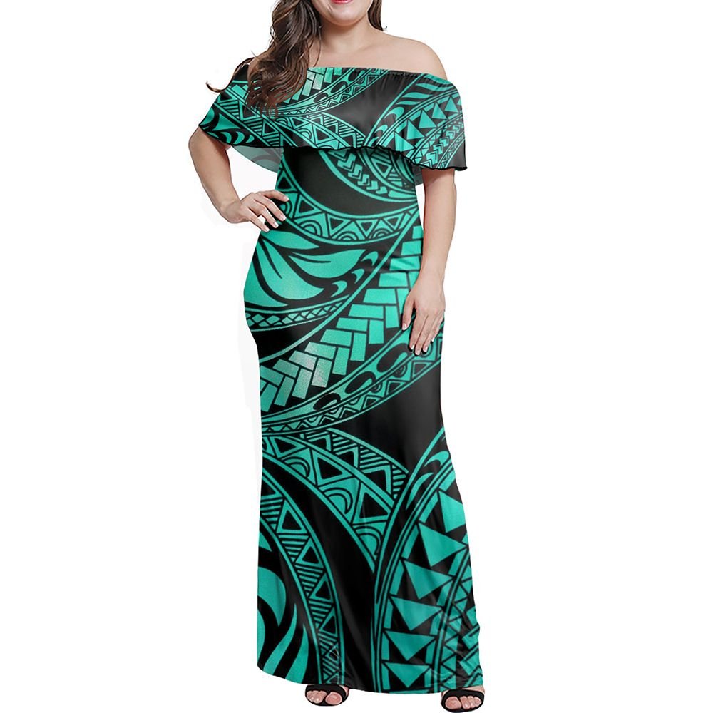 Polynesian Pride Dress - Tribal Polynesian Turquoise Ali Style Off Shoulder Long Dress Long Dress Turquoise - Polynesian Pride