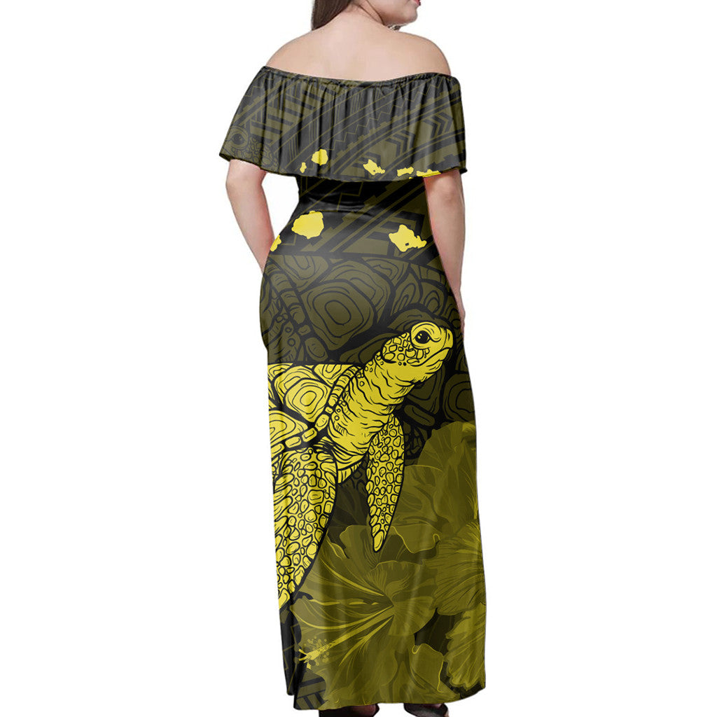 (Private ES Security) Matching Couple Hawaiian Outfits Dress and Hawaiian Shirt Hawaii Polynesian Hibiscus Turtle Map Yellow RLT14 - Polynesian Pride