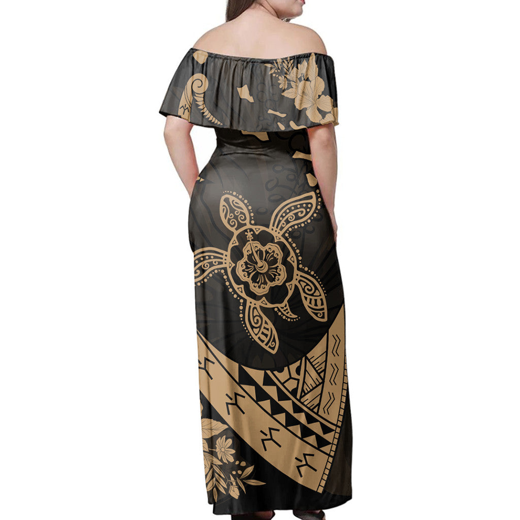 Hawaii Matching Dress and Hawaiian Shirt Hawaii Map Hibiscus Turtle Fish Hook Polynesian Gold RLT14 - Polynesian Pride