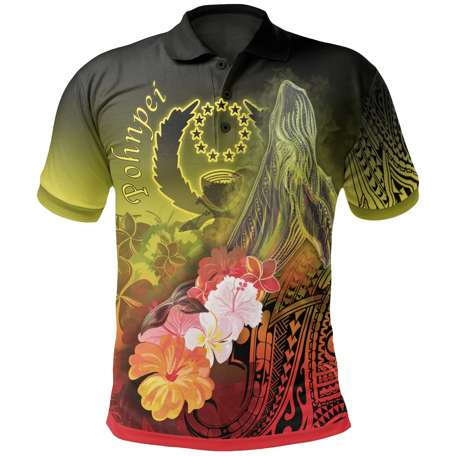 Polynesian Pride Apparel Pohnpei Polo Shirt Humpback Whale With Tropical Flowers (Yellow) Unisex White - Polynesian Pride