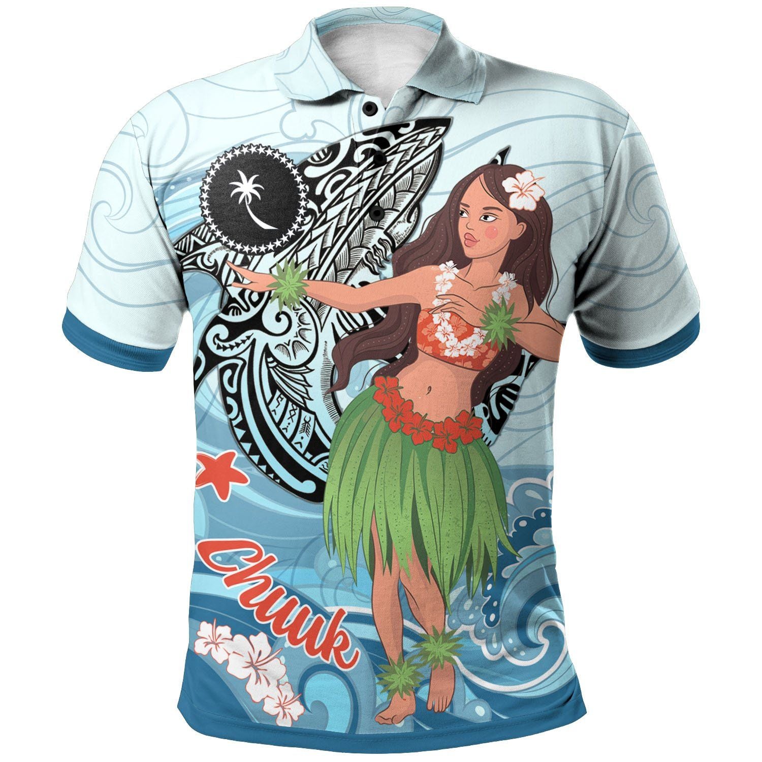 Polynesian Pride Apparel Chuuk Polo Shirt Polynesian Girls With Shark Unisex Blue - Polynesian Pride