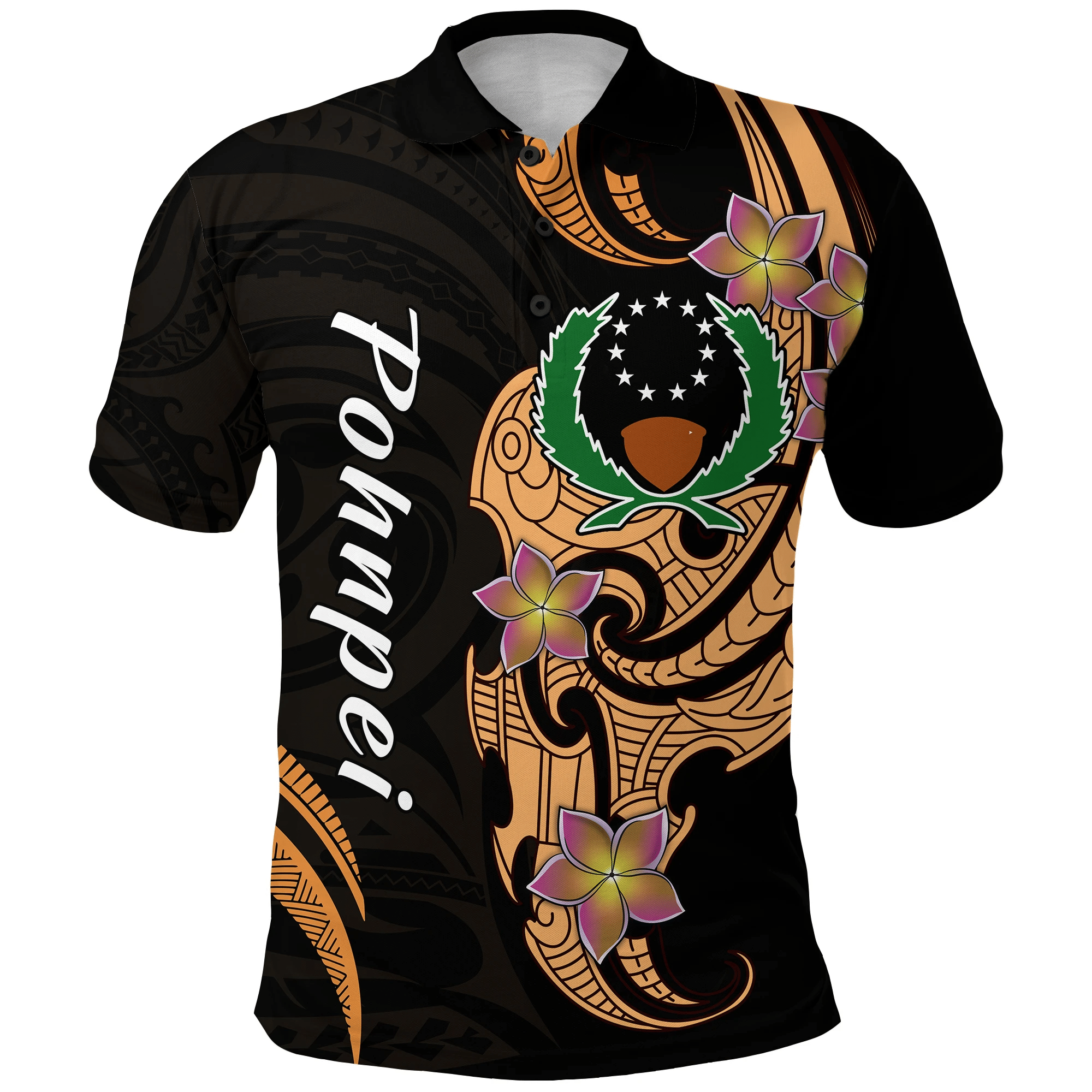 Polynesian Pride Apparel Pohnpei Simple Polo Shirt Tropical Flowers Unisex Black - Polynesian Pride