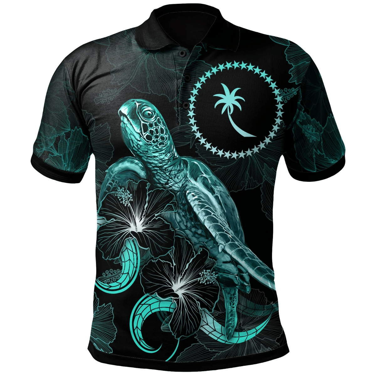 Polynesian Pride Apparel Chuuk Polynesian Polo Shirt Turtle With Blooming Hibiscus Turquoise Unisex Turquoise - Polynesian Pride