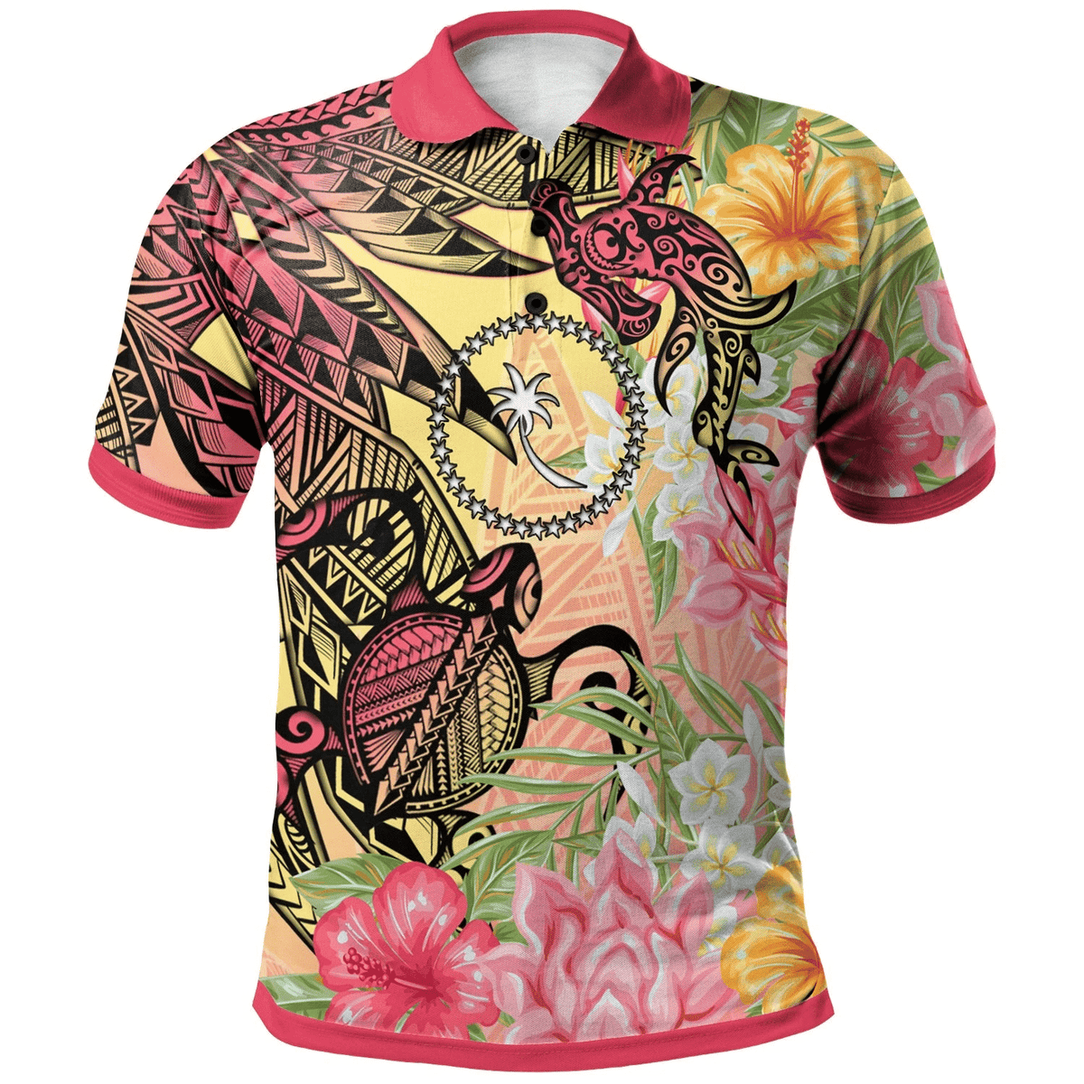 Polynesian Pride Apparel Chuuk State Polo Shirt Flowers Tropical With Sea Animals Unisex Pink - Polynesian Pride