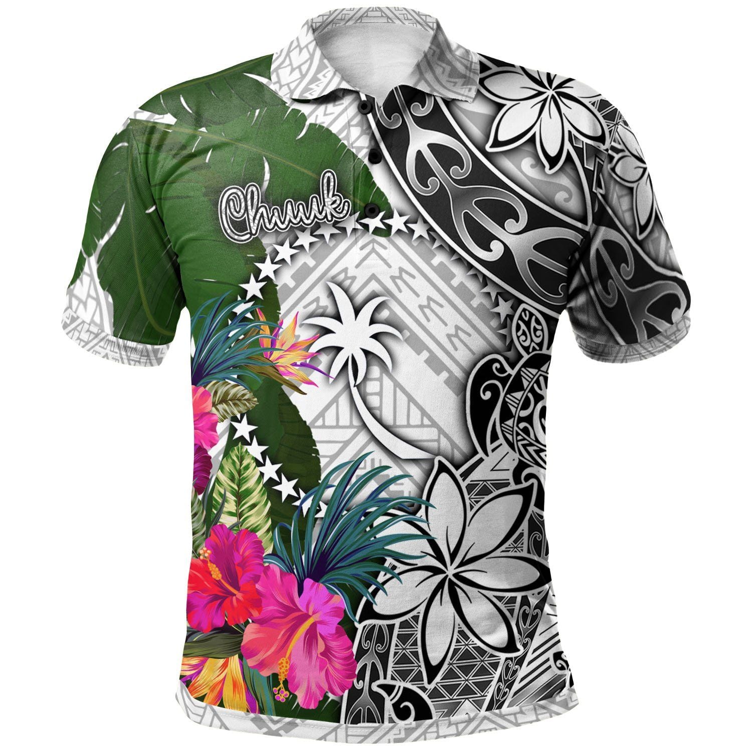 Polynesian Pride Apparel Chuuk Polo Shirt White Turtle Plumeria Banana Leaf Unisex White - Polynesian Pride
