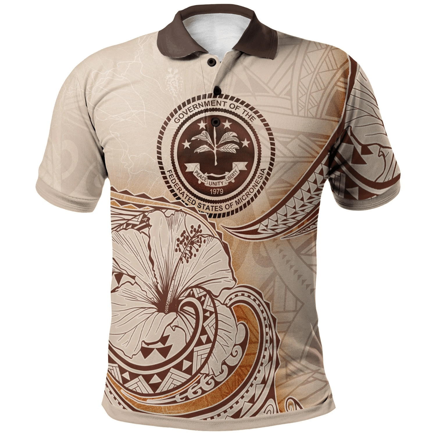 Polynesian Pride Apparel Federated States of Micronesia Polo Shirt Hibiscus Flowers Vintage Style Unisex Nude - Polynesian Pride