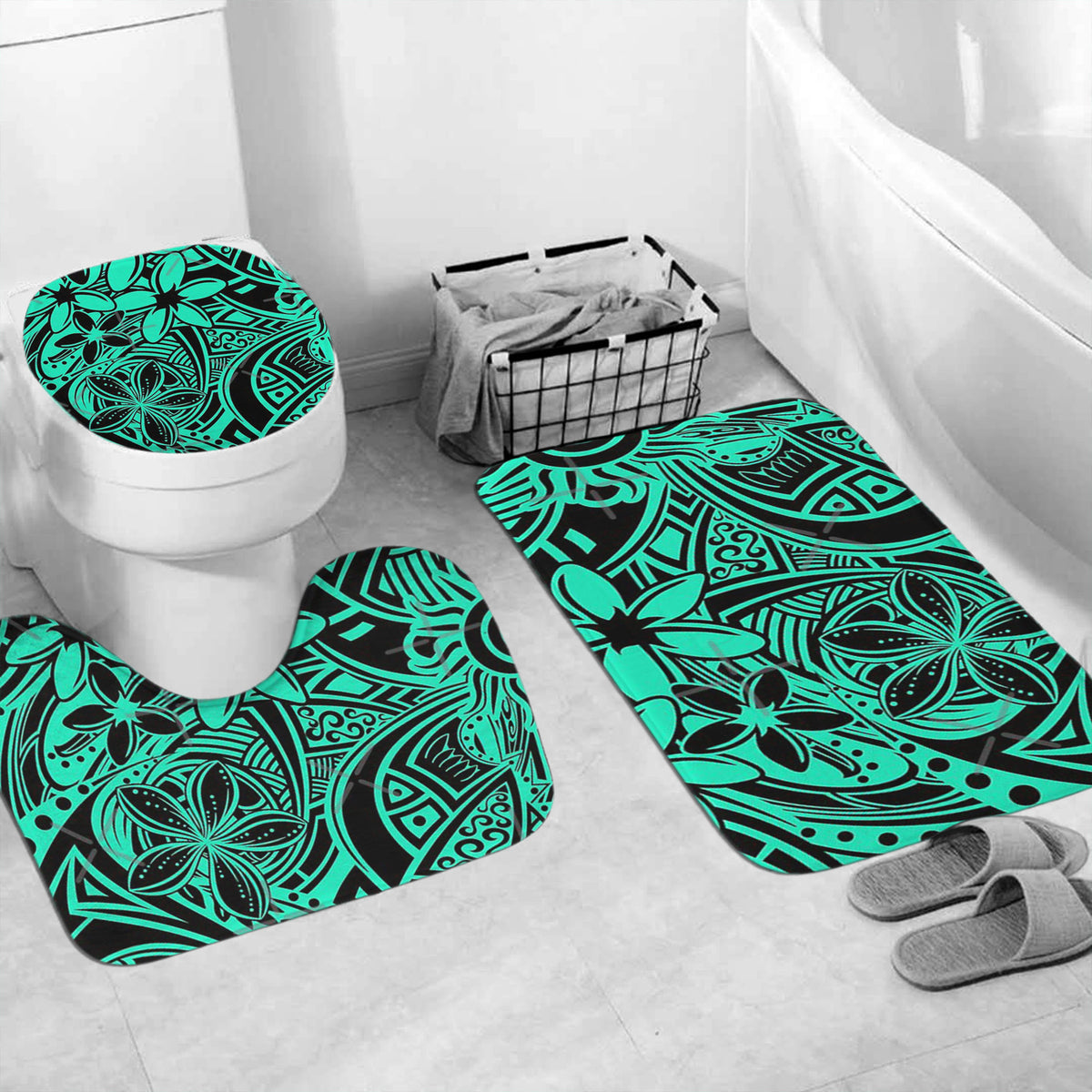 Polynesian Home Set - Turquoise Polynesian Tattoo Patterns Bathroom Set LT10 - Polynesian Pride