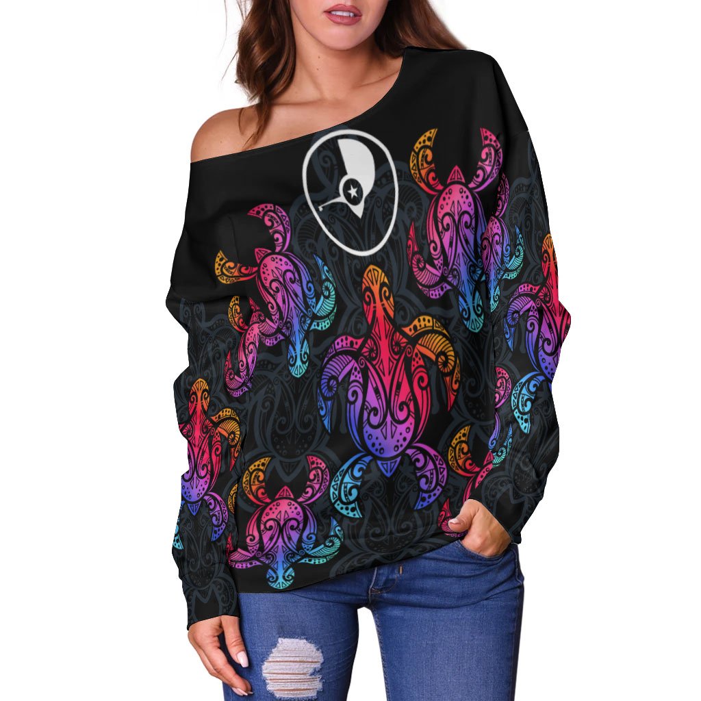Yap Women's Off Shoulder Sweaters - Sea Turtle In Tribal Polynesian Style - Polynesian Pride
