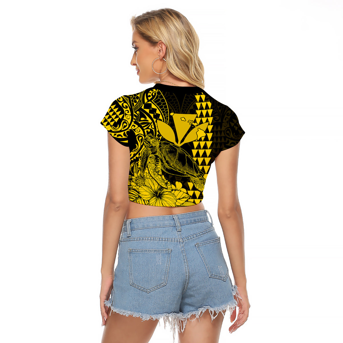 Kakau Polynesian Tribal Hawaiian Turtle with Kanaka Maoli Yellow Raglan Cropped T Shirt LT9 - Polynesian Pride