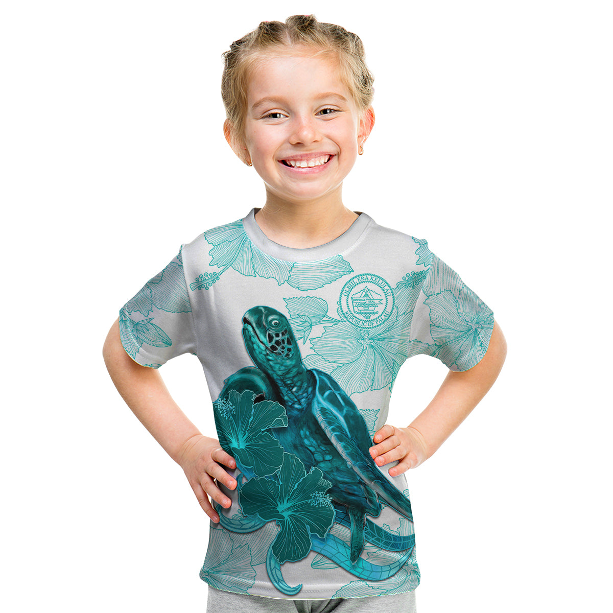 Palau Coat Of Arms With Polynesian Turtle Hibiscus Kid T Shirt LT14 - Polynesian Pride