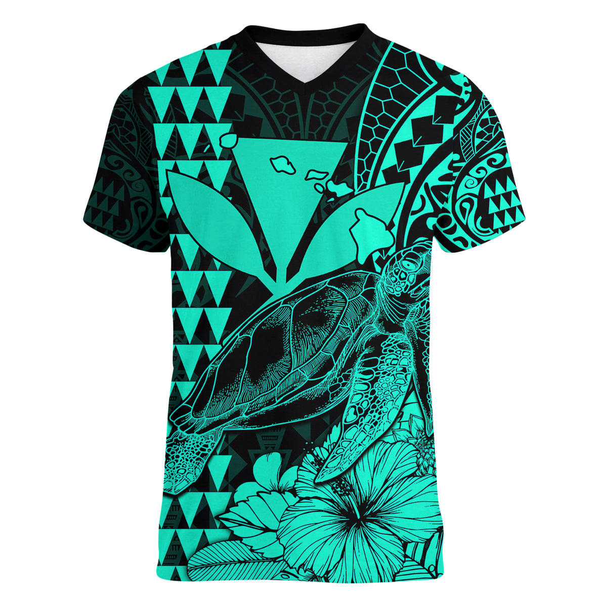 (Custom Personalised) Kakau Polynesian Tribal Hawaiian Turtle with Kanaka Maoli Turquoise Women V Neck T Shirt LT9 - Polynesian Pride