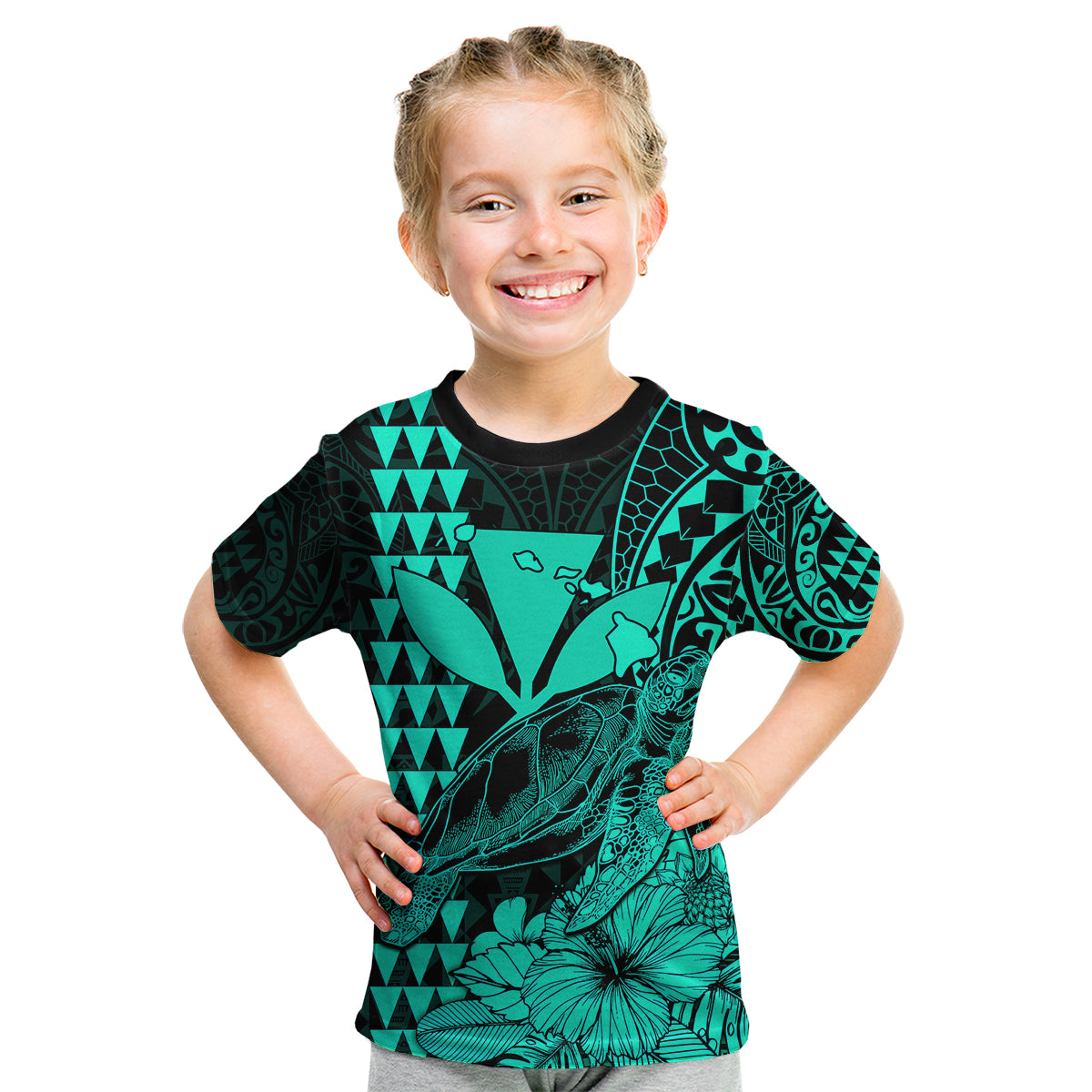 Kakau Polynesian Tribal Hawaiian Turtle with Kanaka Maoli Turquoise Kid T Shirt LT9 - Polynesian Pride