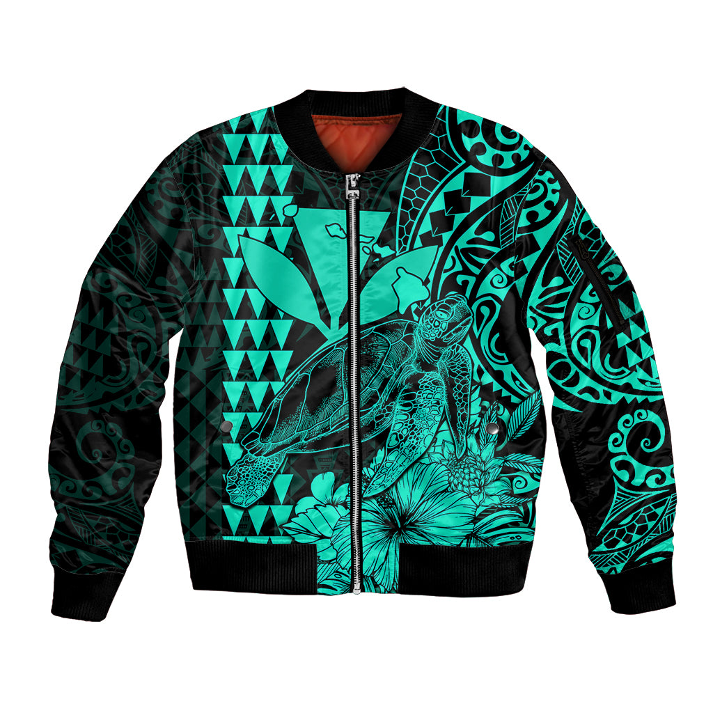 Kakau Polynesian Tribal Hawaiian Turtle with Kanaka Maoli Turquoise Sleeve Zip Bomber Jacket LT9 Unisex Turquoise - Polynesian Pride