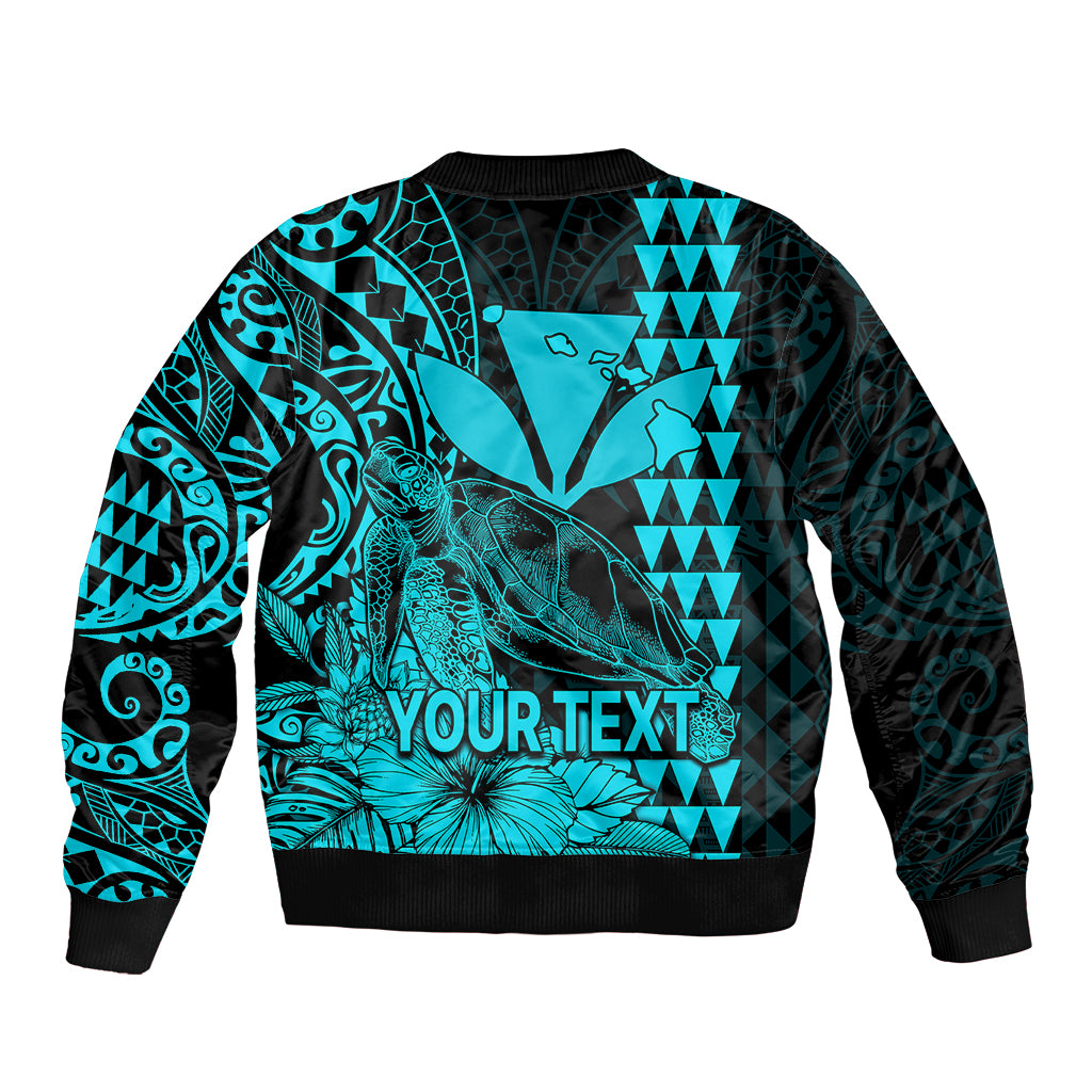 (Custom Personalised) Kakau Polynesian Tribal Hawaiian Turtle with Kanaka Maoli Teal Sleeve Zip Bomber Jacket LT9 - Polynesian Pride