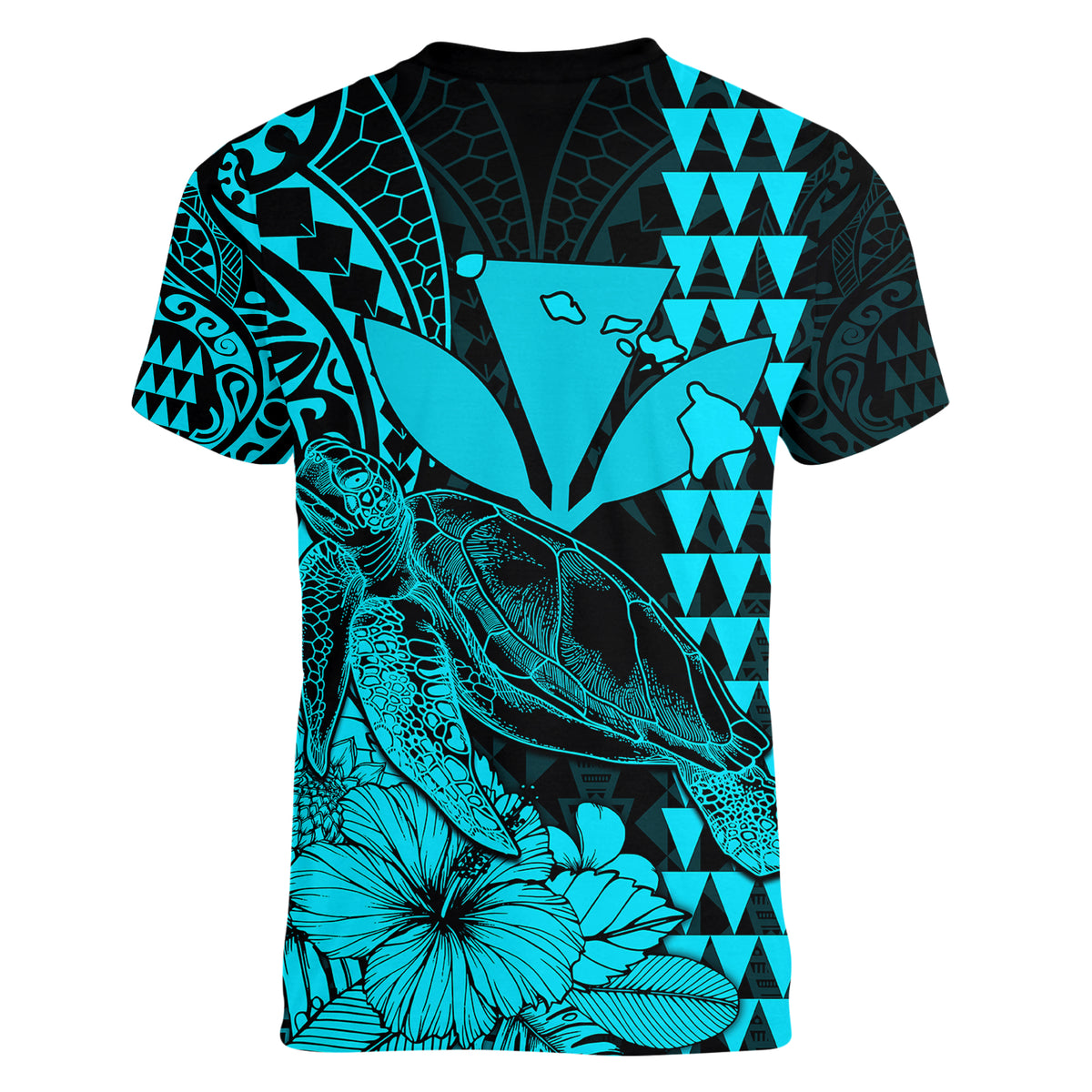 Kakau Polynesian Tribal Hawaiian Turtle with Kanaka Maoli Teal Women V Neck T Shirt LT9 - Polynesian Pride
