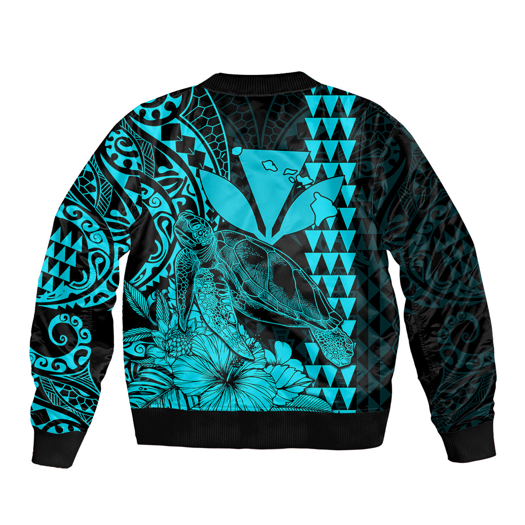 Kakau Polynesian Tribal Hawaiian Turtle with Kanaka Maoli Teal Sleeve Zip Bomber Jacket LT9 - Polynesian Pride