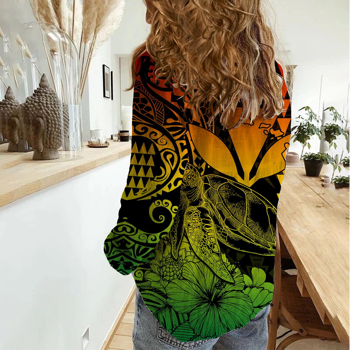 Kakau Polynesian Tribal Hawaiian Turtle with Kanaka Maoli Reggae Women Casual Shirt LT9 - Polynesian Pride