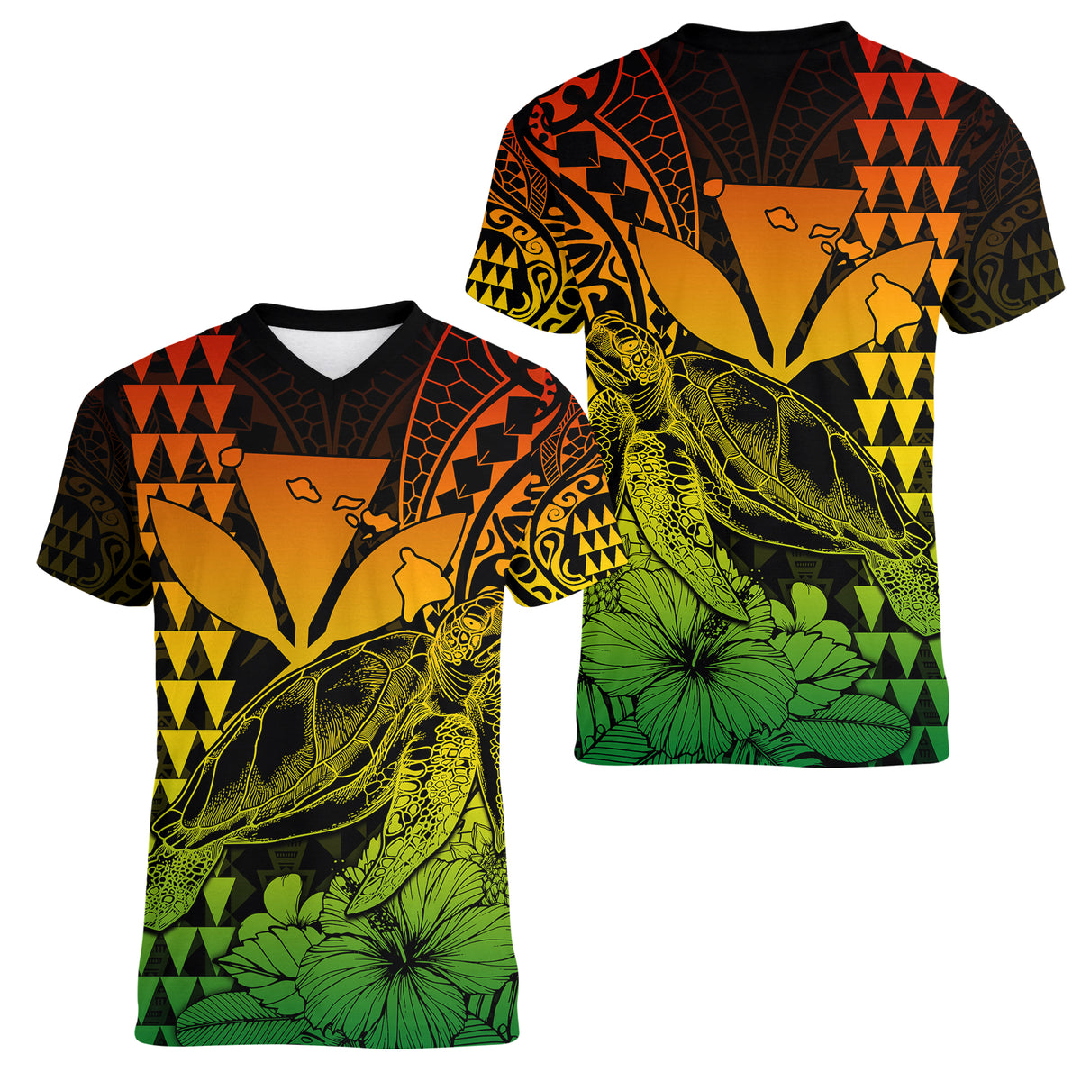 Kakau Polynesian Tribal Hawaiian Turtle with Kanaka Maoli Reggae Women V Neck T Shirt LT9 Female Reggae - Polynesian Pride